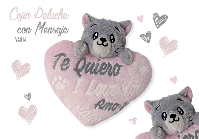 GATO CORAZÓN COJÍN MENSAJE ROMÁNTICO ENAMORADOS SAN VALENTÍN 