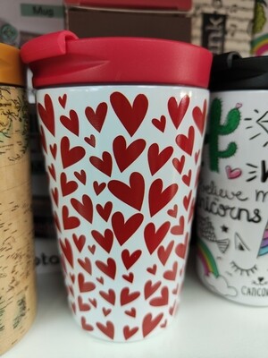 TAZA TÉRMICA CORAZONES I DRINK VASO 260 ml con tapa hermético y térmico de viaje San Valentín Romántico Enamorados Corazón 