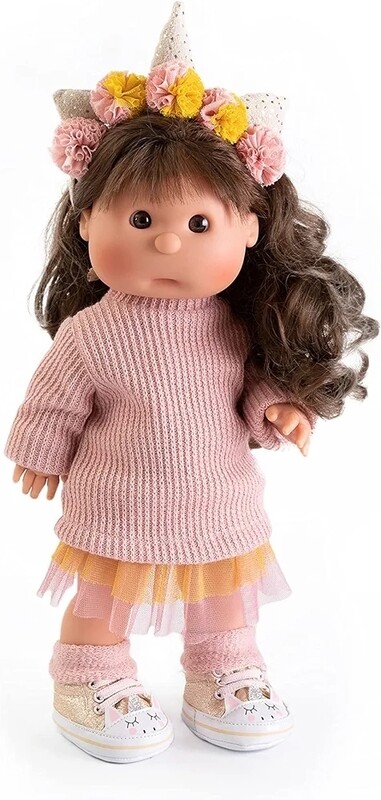 MUÑECA ANTONIO JUAN IRIS con diadema de UNICORNIO para ti.EN CAJA DE REGALO 