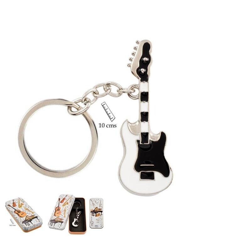 LLAVERO GUITARRA ELÉCTRICA BLANCA Y NEGRA EN CAJITA METÁLICA 