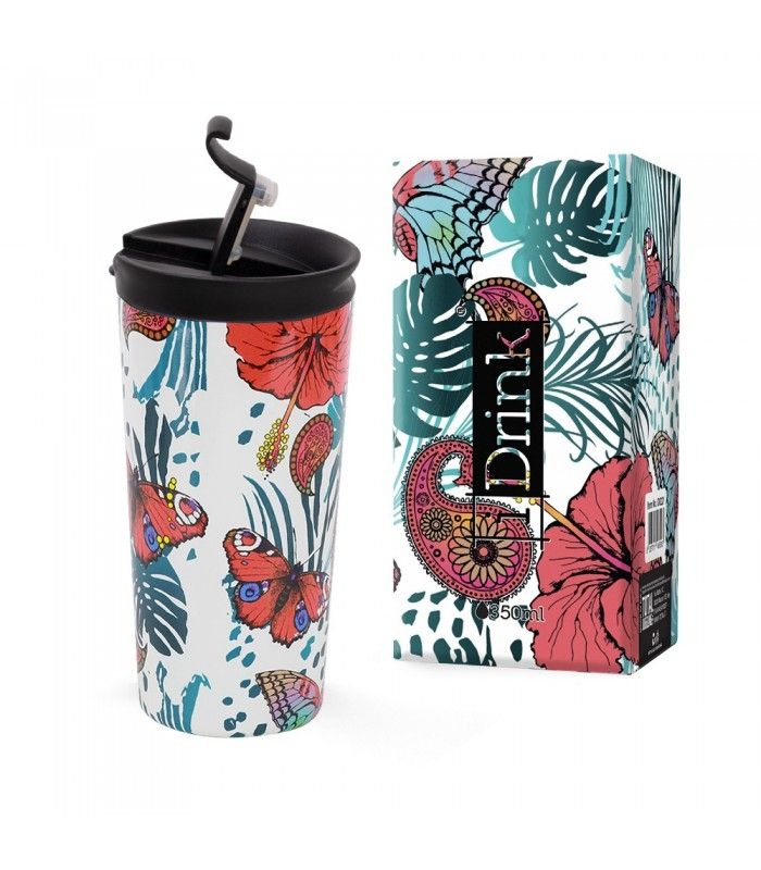 TAZA TÉRMICA MARIPOSA TATTOO I DRINK 350ML VASO TÉRMICO DE VIAJE ACERO INOXIDABLE 