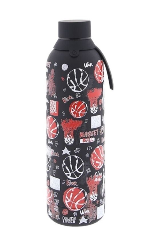 BOTELLA TÉRMICA BÁSQUET NEGRA 710ML BALONCESTO BASKET AUREA ACERO INOXIDABLE ENGOMADA Y CON ASA PARA COGERLA 