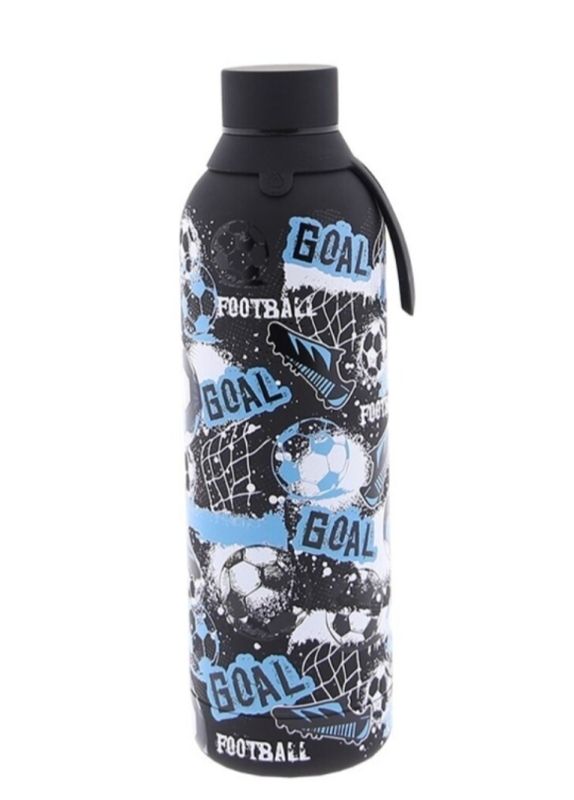 BOTELLA TÉRMICA FOOTBALL NEGRA 710ML FUTBOL AUREA ACERO INOXIDABLE ENGOMADA Y CON ASA PARA COGERLA 