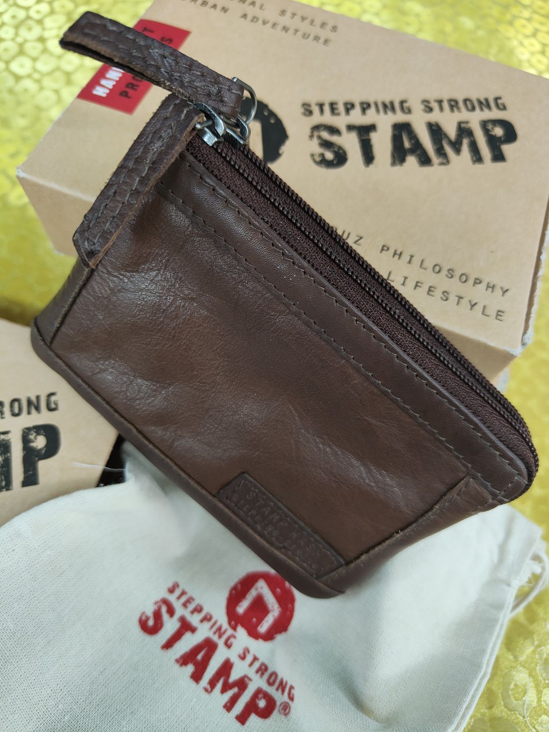 MONEDERO DOBLE PIEL LAVADA STAMP PORTAMONEDAS MARRÓN CHOCOLATE 