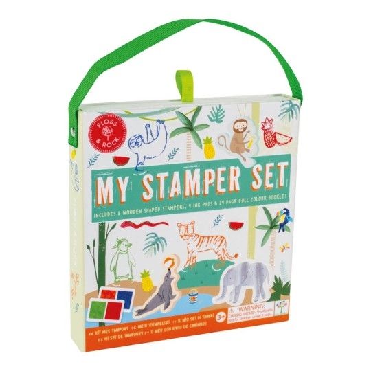 LIBRO KIT SELLOS ESTAMPAR FLOSS & ROCK ANIMALES SELVA cuento colorear y pintar infantil 