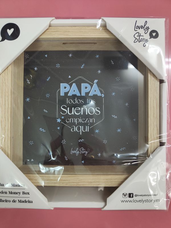 HUCHA DE MADERA PADRE LOVELY STORY PAPÁ TODOS TUS SUEÑOS EMPIEZAN AQUÍ 