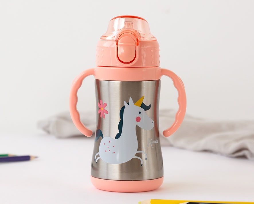 BOTELLA TÉRMICA UNICORNIOS ENTRENAMIENTO KIOKIDS 280 ML ROSA ACERO INOXIDABLE CON ASAS
