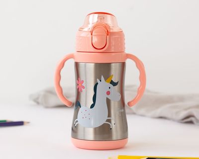 BOTELLA TÉRMICA UNICORNIOS ENTRENAMIENTO KIOKIDS 280 ML ROSA ACERO INOXIDABLE CON ASAS