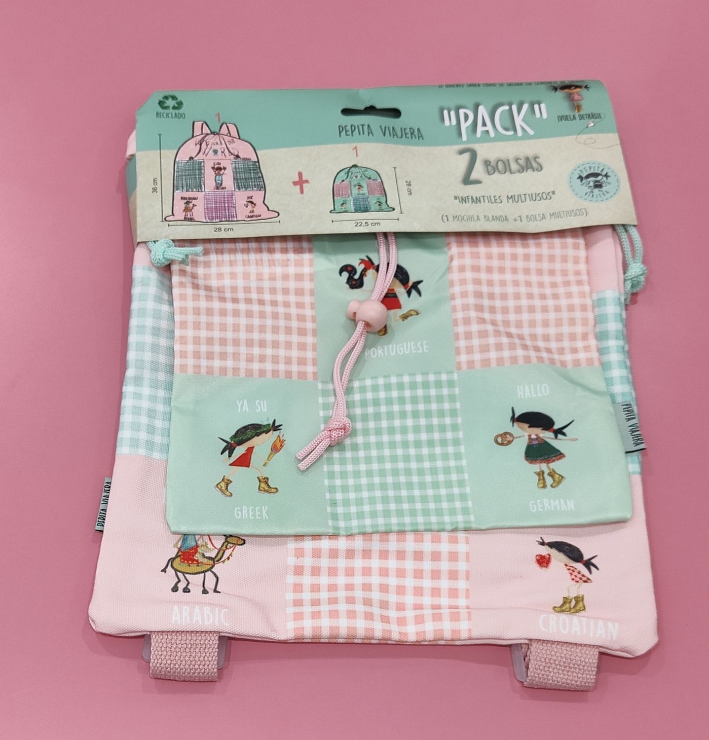 PACK BOLSAS MERIENDA Y MOCHILA INFANTIL PEPITA VIAJERA SALUDOS DEL MUNDO 