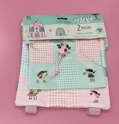 PACK BOLSAS MERIENDA Y MOCHILA INFANTIL PEPITA VIAJERA SALUDOS DEL MUNDO 