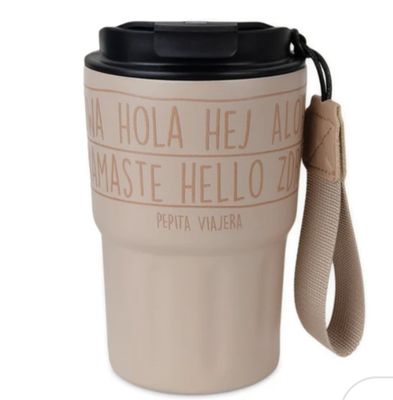 VASO TÉRMICO SALUDOS DEL MUNDO PEPITA VIAJERA CAMEL TAZA DE VIAJE 