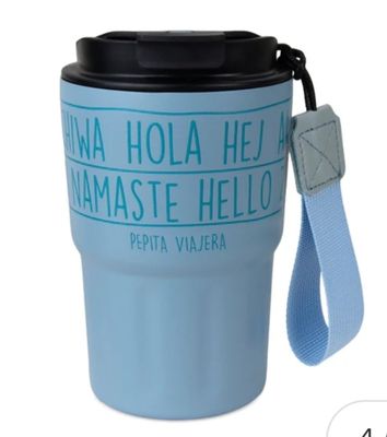 VASO TÉRMICO SALUDOS DEL MUNDO PEPITA VIAJERA AZUL TAZA DE VIAJE 