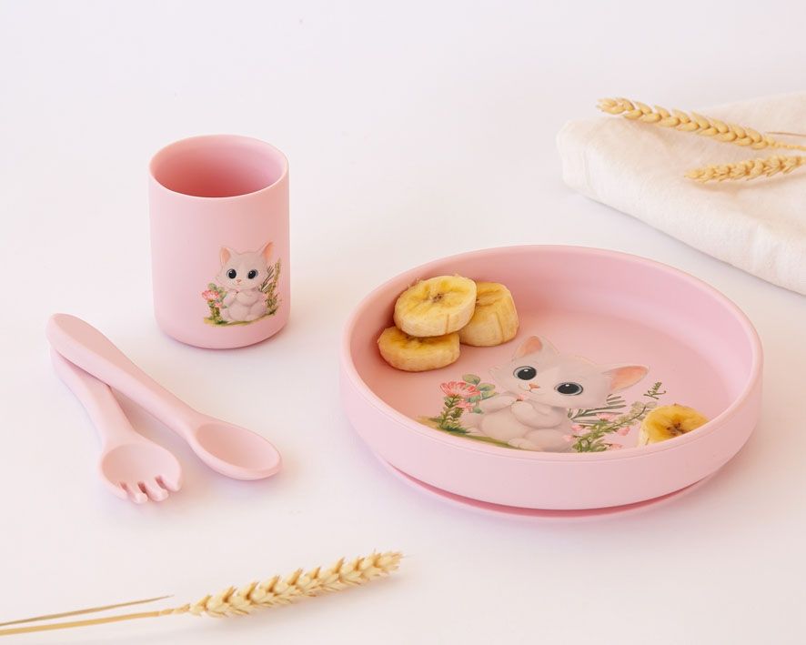 VAJILLA BEBE SILICONA ROSA 4 PIEZAS KIOKIDS 