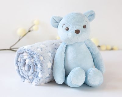 MANTITA CON PELUCHE OSO AZUL KIOKIDS manta y muñeco para bebés OSITO AZUL 