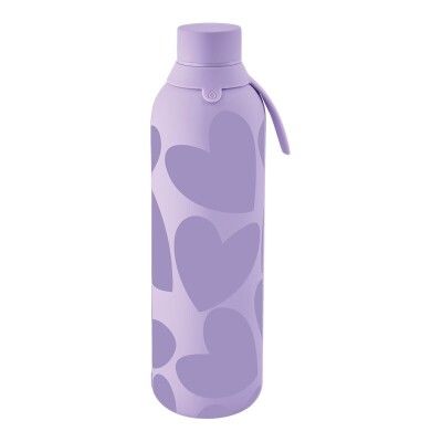 BOTELLA TÉRMICA CORAZONES 750ml LILA ACERO INOXIDABLE AUREA ENGOMADA Y CON ASA con recubrimiento interior de cerámica y tapón de cañita 
