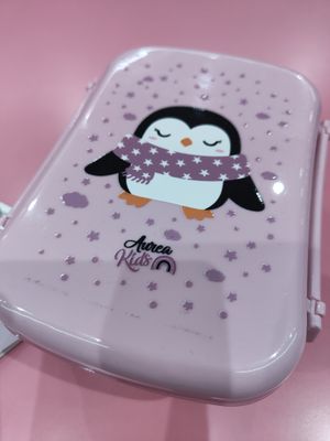 FIAMBRERA LUNCH BOX PINGÜINO ROSA CON TAPA REFRIGERANTE TUPPER CON CAJITA INTERIOR AUREA con enfriador 
