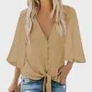 Button V Neck Tie Front 3/4 Sleeve Blouse