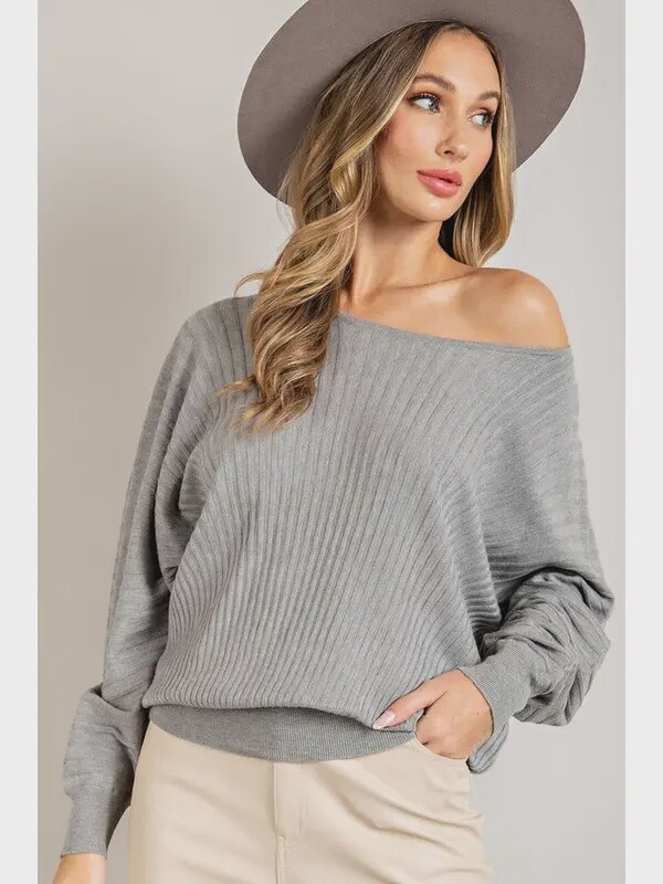 Boat Neck Ribbed Knit Sweater