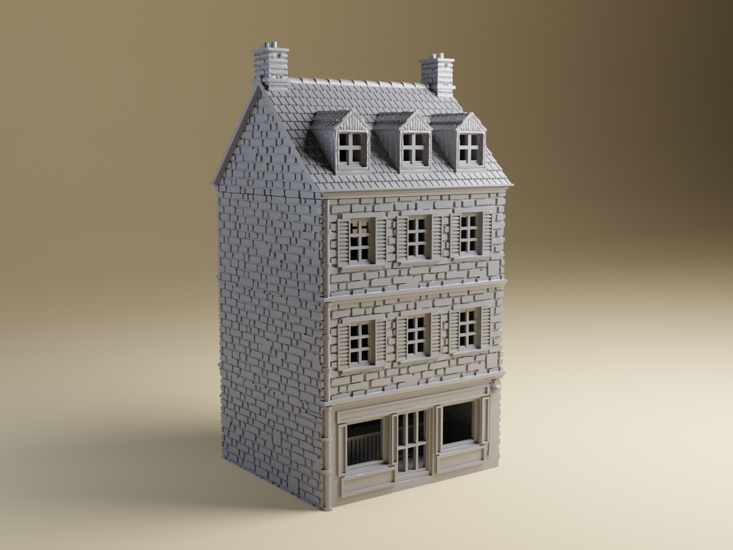 3d Printed 3 story shop / house Normandy style building for 28mm miniature wargaming.