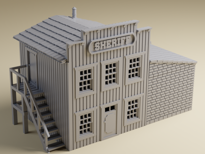 3D Printed Wild West Sheriff&#39;s Office and Jail | 32mm, 28mm, 20mm, HO or 15mm | tabletop wargaming terrain, What a Cowboy,Dead Man&#39;s Hand