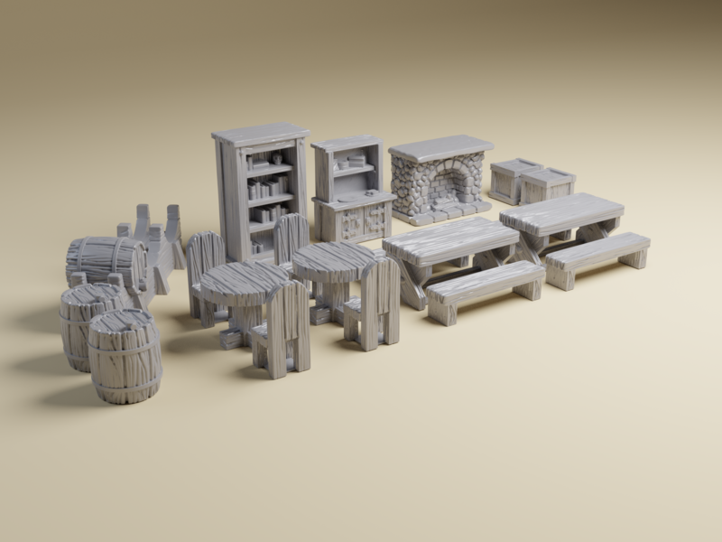 Pub Furniture - 3d Printed Miniature 28mm Tavern Terrain for D&amp;D and RPGs | Age of Sigmar, DND, Malifaux, Pathfinder, Dungeons and Dragons