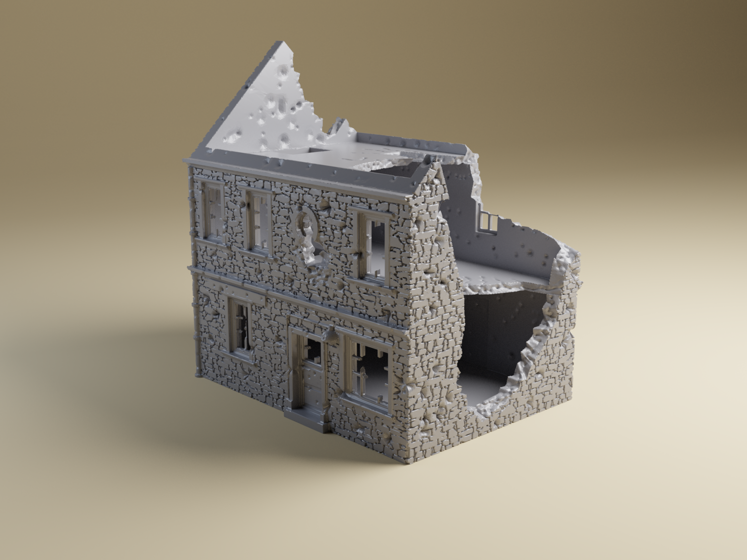 Destroyed Normandy Stone House #1 | 3D Printed WWII tabletop wargaming terrain for Bolt Action or Chain of Command, 28mm, 20mm, HO, or 15mm