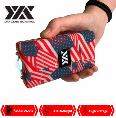 DZS 10 Million Volt Self Defense USA Flag Print Stun Gun Rechargeable LED Flashlight