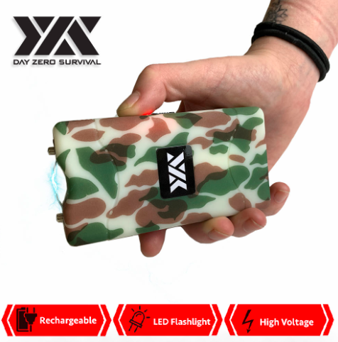 DZS 10 Million Volt Self Defense Army Camo Stun Gun Rechargeable LED FlashLight