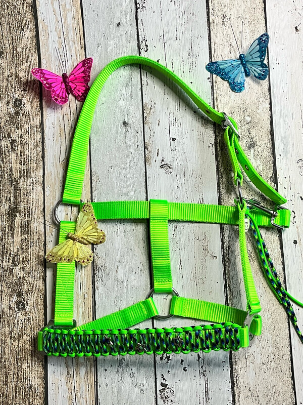 Halfter aus Gurtband mit Paracord-Nasenteil – Neon Grün für einen auffälligen Look und sicheren Halt