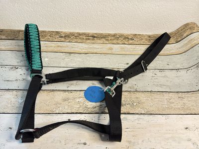 Einzigartiges Halfter aus Gurtband in Größe „XXX-Full - Shire“ – Nasenteil handgeflochten mit türkisfarbenen Glitzer-Paracord, robust und stilvoll, perfekt für anspruchsvolle Pferdeliebhaber