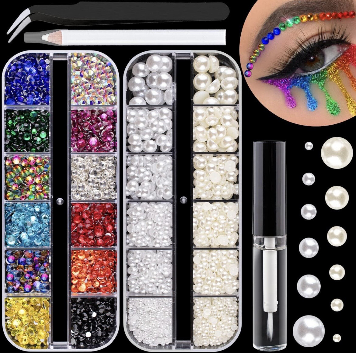 Colorful Flatback Face Gems And White and Beige Pearls With Quick Dry Glue