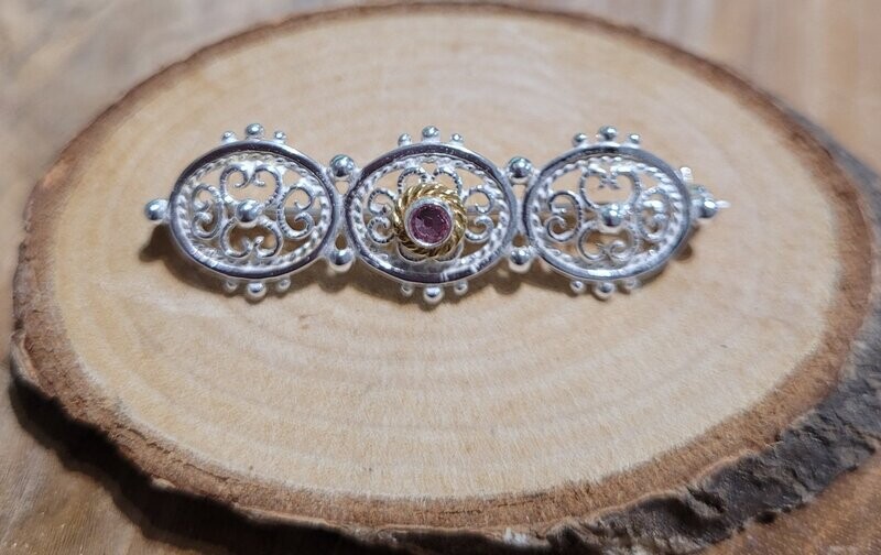 Trachtenbrosche 925 Silber, teilvergoldet, rosa Zirkon