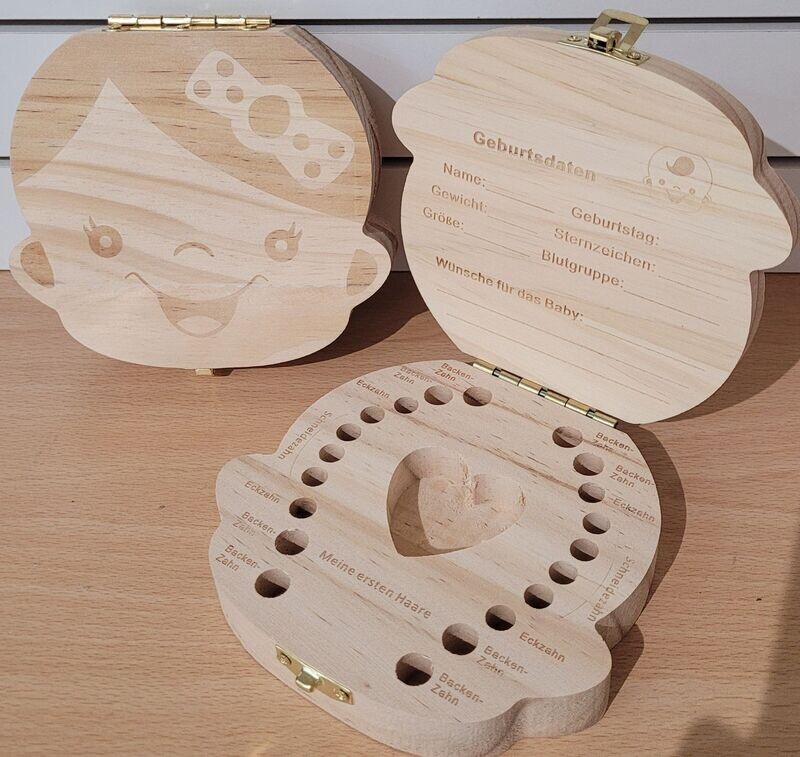 Zahn und Lockendose aus Holz für Mädchen Zahn und Lockendose aus Holz für Mädchen