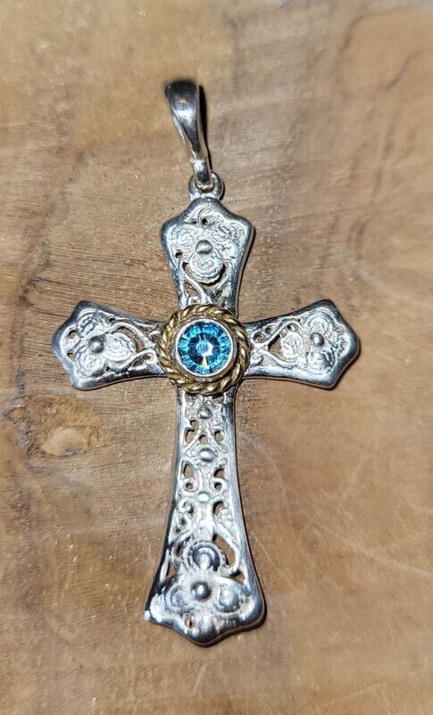 Trachtenkreuz 925 Silber, Teilvergoldet, Farbe: aqua Trachtenkreuz 925 Silber, Teilvergoldet, Farbe: aqua