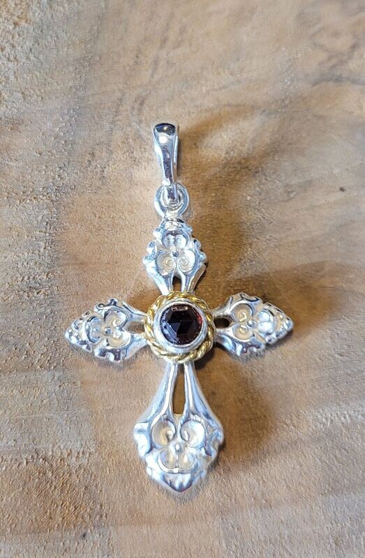 Trachtenkreuz, 925 Silber m.Teilvergoldung Stein: Granat