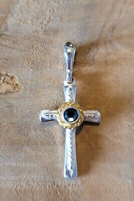 Trachtenkreuz in 925 Silber mit Teilvergoldung , Farbe dunkelblau