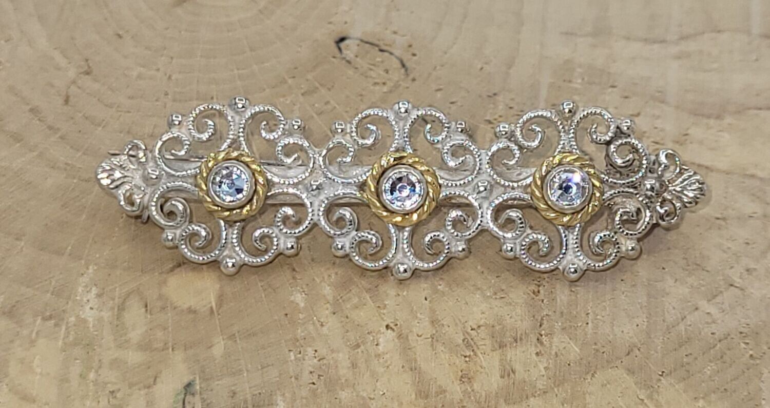 Trachtenbrosche in 925 Silber , Teilvergoldung, Steinfarbe: weiß