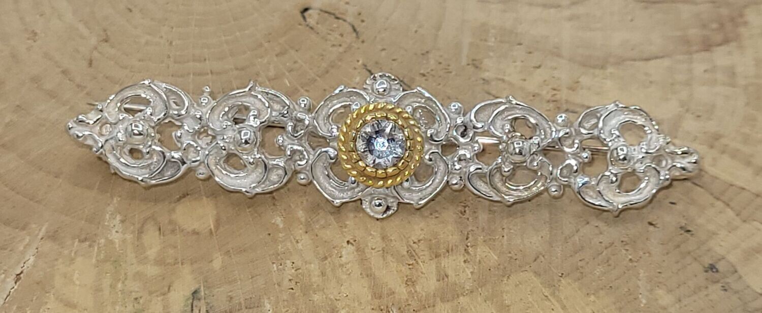 Trachtenbrosche, extra lang, 925 Silber , Teilvergoldung, Steinfarbe: weiß
