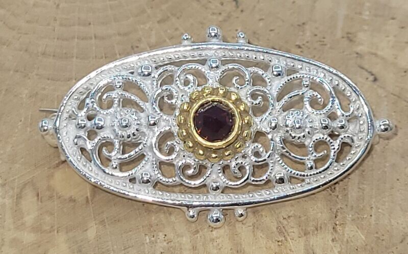 Trachtenbrosche 925 Silber, Teilvergoldung, Steinfarbe: Granat