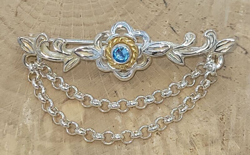 Trachtenbrosche mit Ketten, 925 Silber, Teilvergoldung, Steinfarbe: aqua