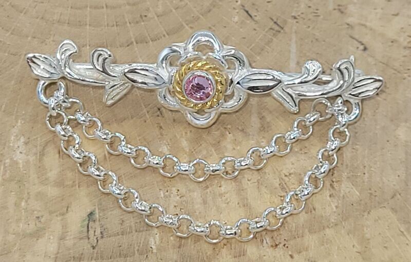 Trachtenbrosche mit Ketten 925 Silber, Teilvergoldung, Steinfarbe: rosa