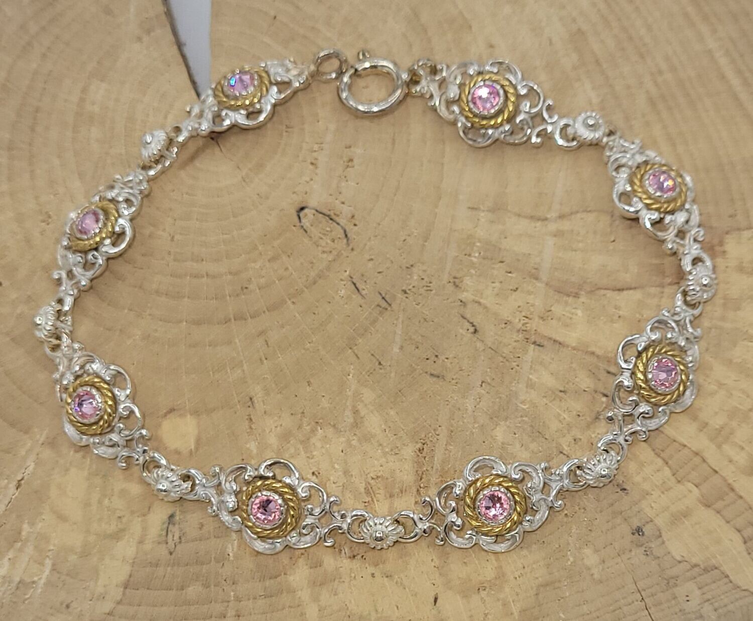 Trachtenarmband 925 Silber, Teilvergoldung, Steinfarbe: rosa