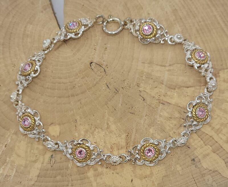 Trachtenarmband 925 Silber, Teilvergoldung, Steinfarbe: rosa