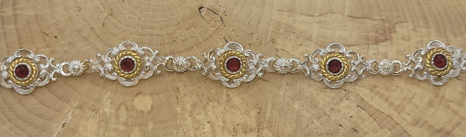 Trachtenarmband mit 925 Silber, Teilvergoldung, Stein: Granat