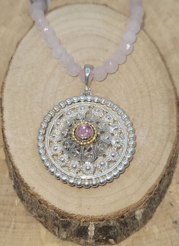 Trachtenanhänger 925 Silber mit Teilvergoldung, Steinfarbe rosa