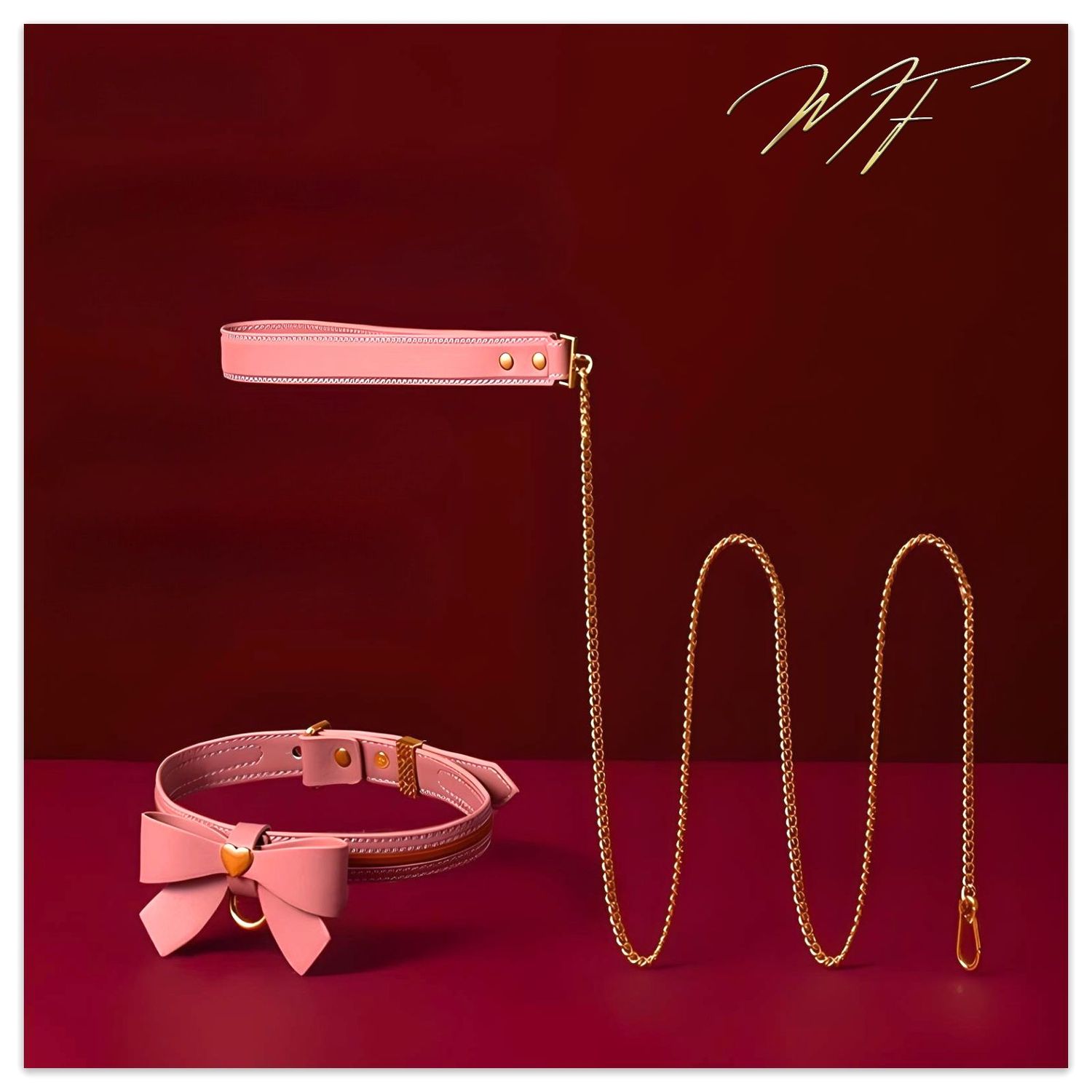 Love Heart Lederhalsband mit Leine - Pink