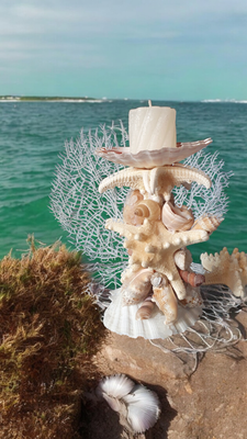 Schelpentoren zeester arrangement op Scallop seashell met kaars