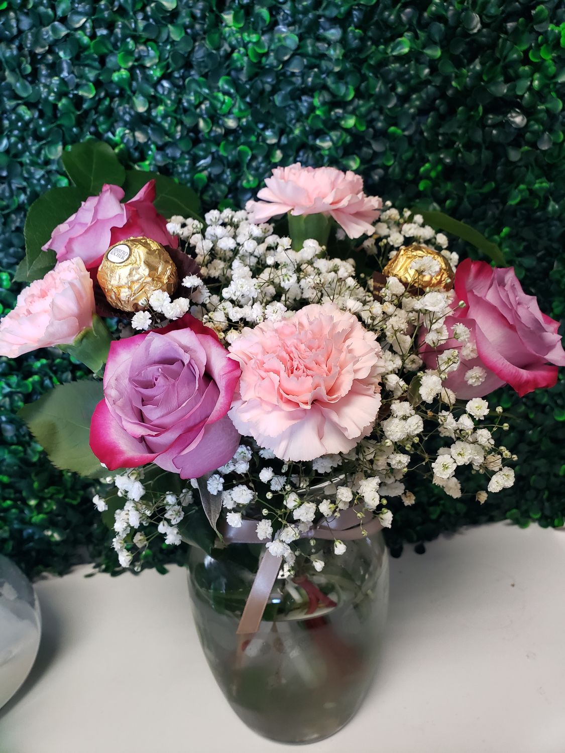 Rose and carnation vased arrangement