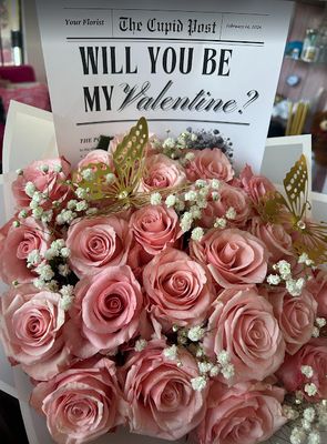 Will you be my valentine newspaper Rose bouquet