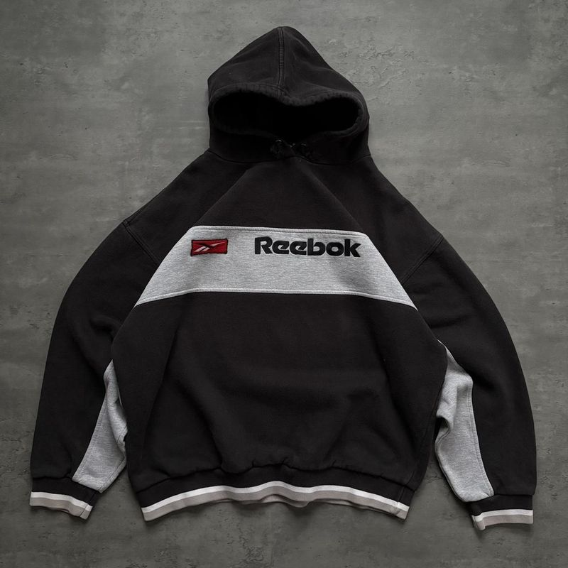 2000s Reebok Embroidered Spellout Hoodie Black and Grey